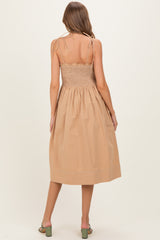 Light Taupe Shoulder Tie Smocked Maternity Midi Dress