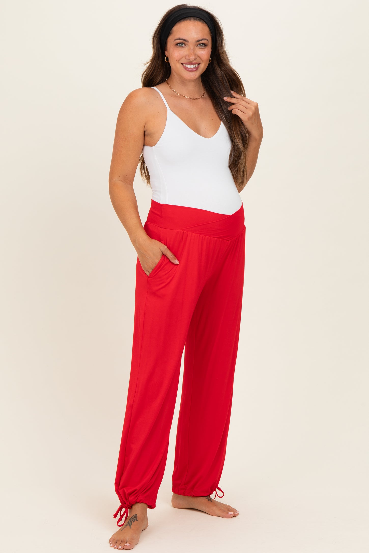 Red Crossover Waist Maternity Pants