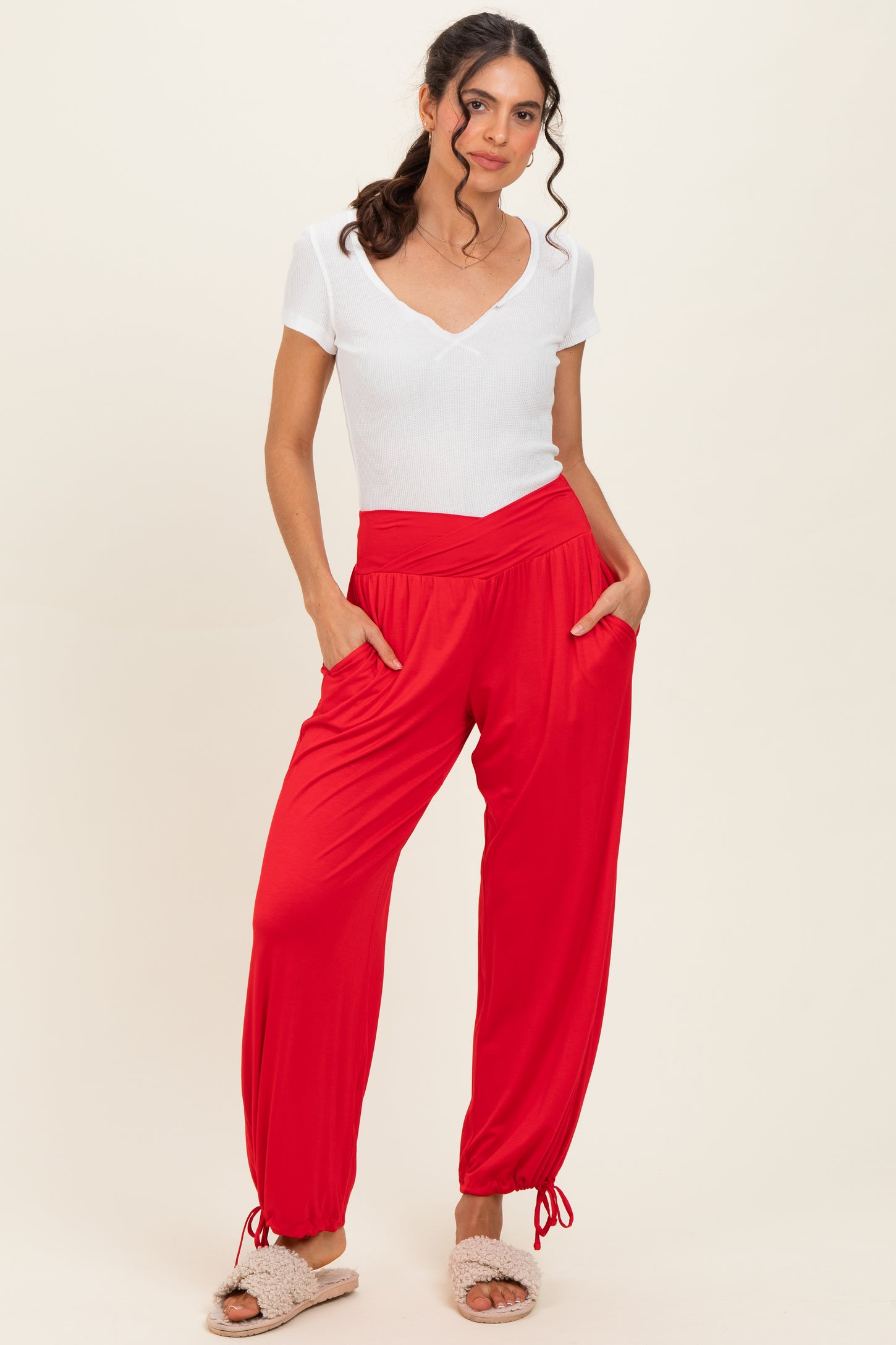 Red Crossover Waist Maternity Pants