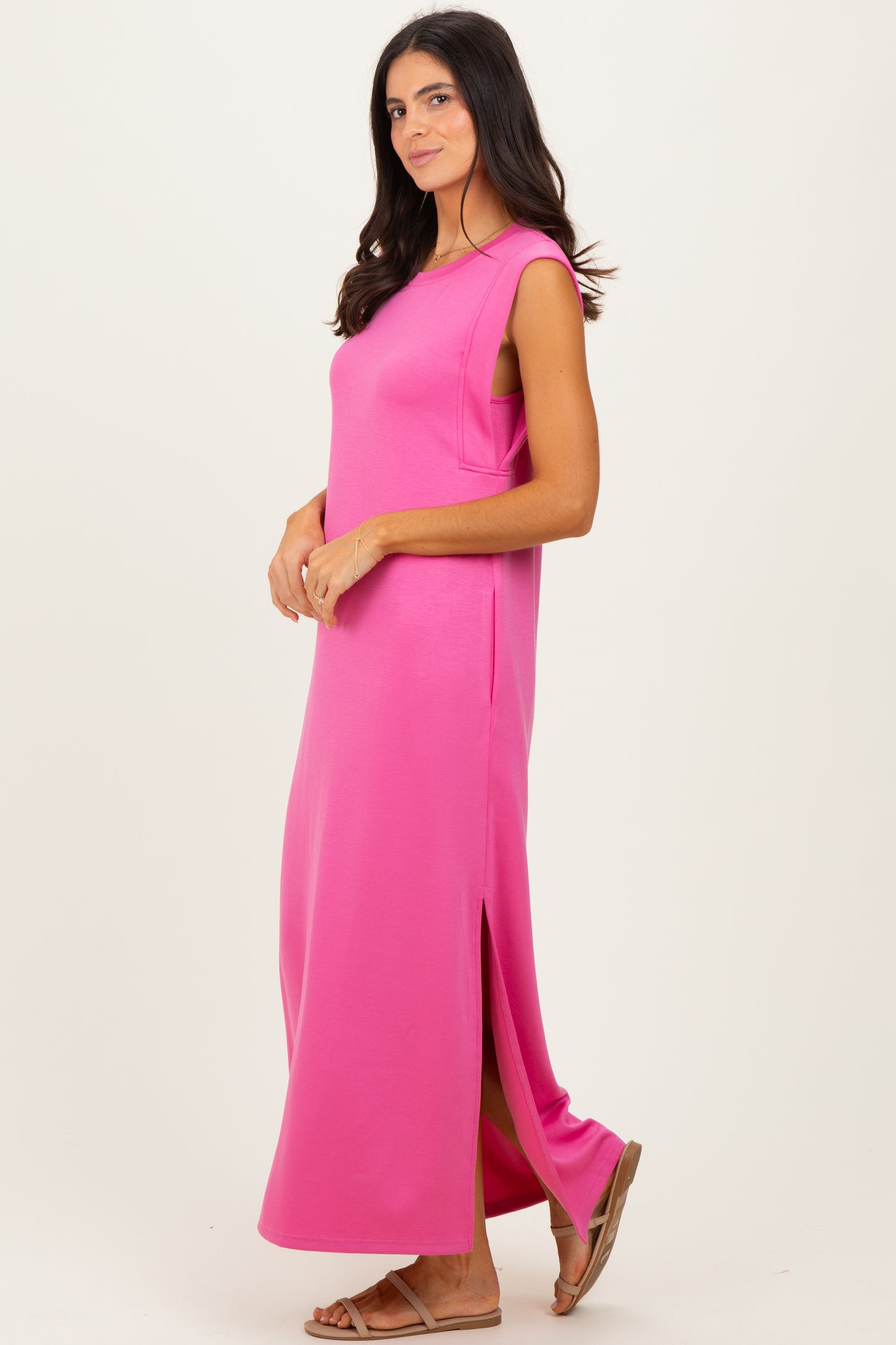 Pink Sleeveless Side Slit Midi Dress