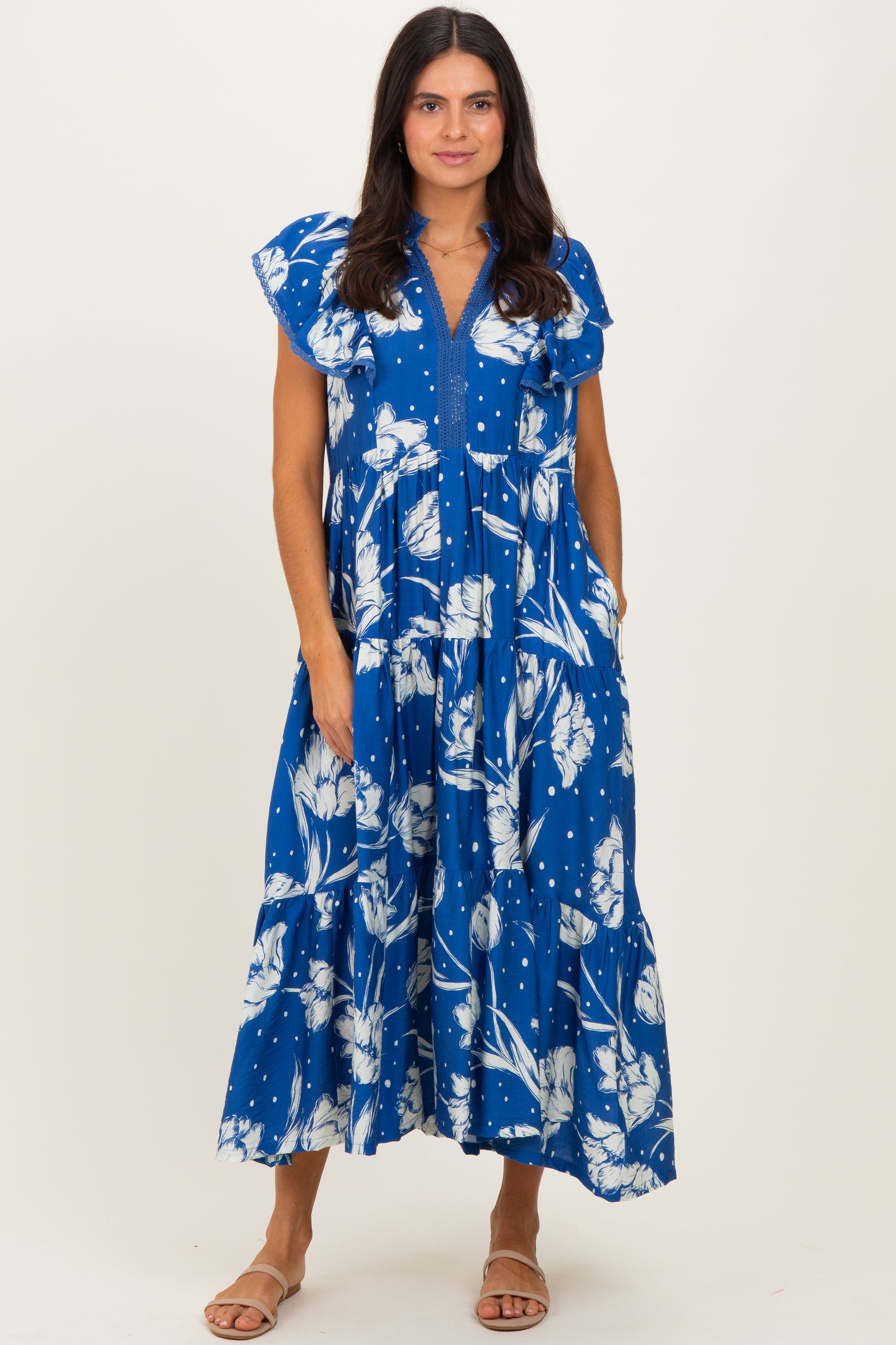 Royal Blue Floral Crochet Lace Accent Maternity Midi Dress
