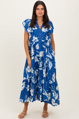 Royal Blue Floral Crochet Lace Accent Maternity Midi Dress