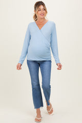 Light Blue Brushed Knit Wrap Front Maternity Top