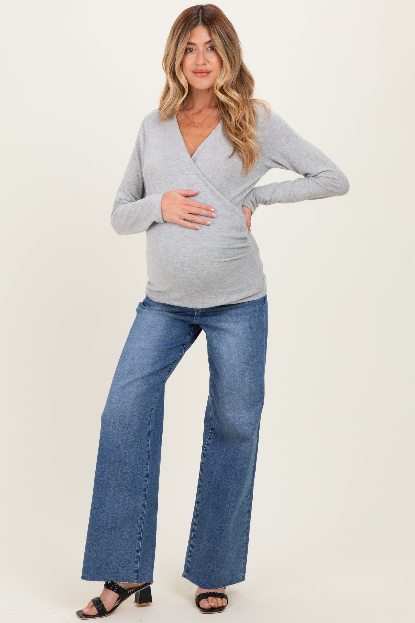 Heather Gray Brushed Knit Wrap Front Maternity Top