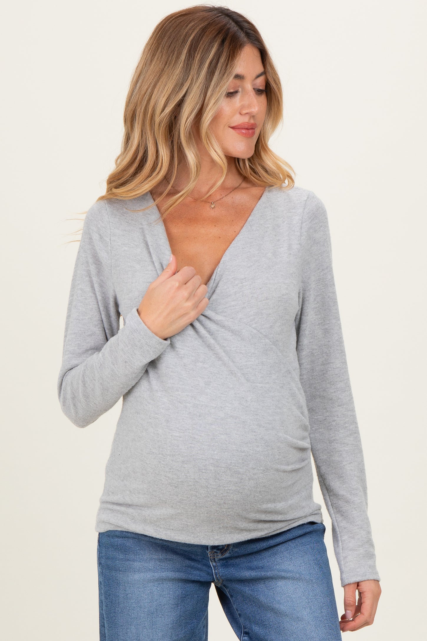 Heather Gray Brushed Knit Wrap Front Maternity Top