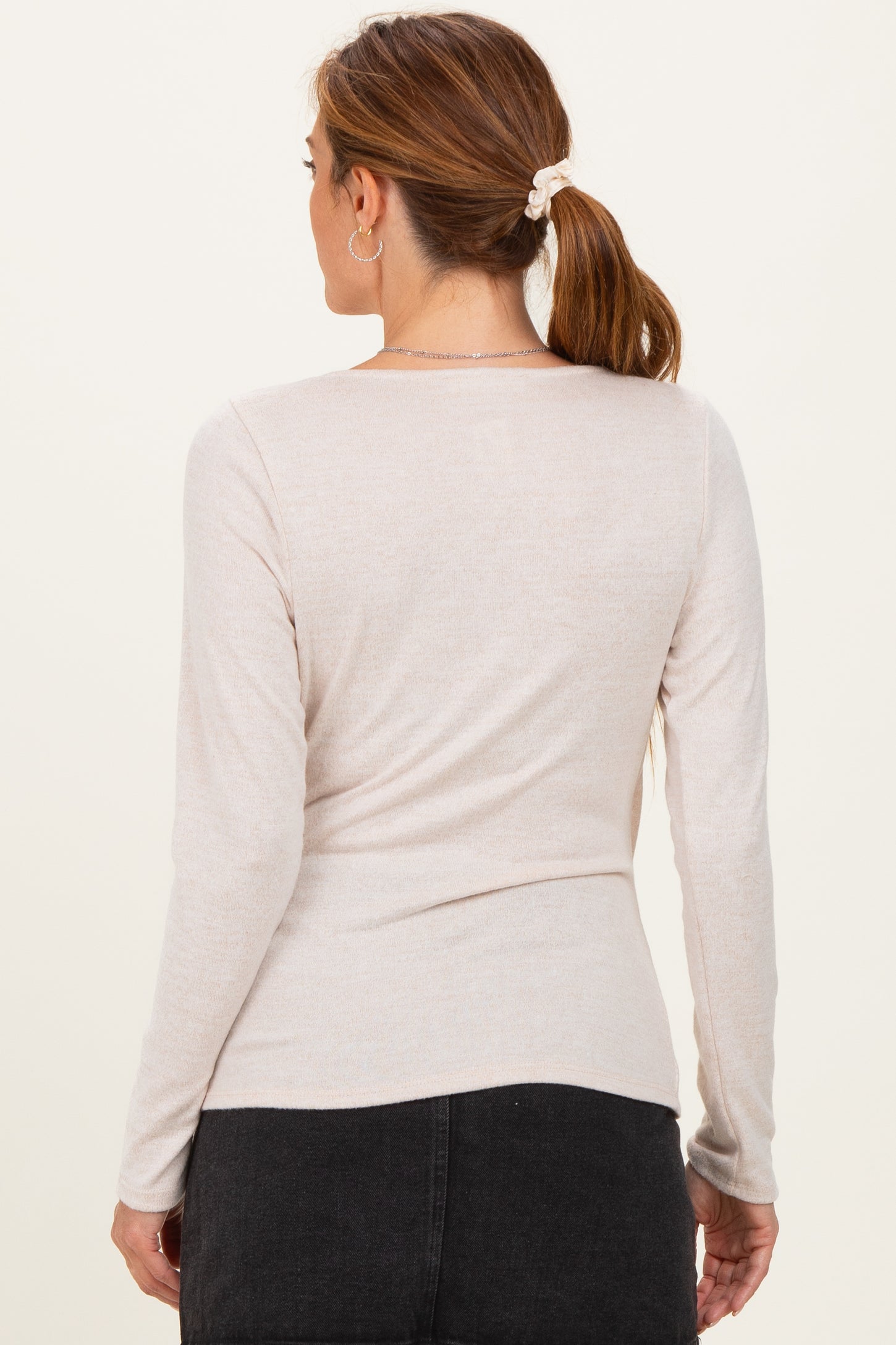 Beige Brushed Knit Wrap Front Top
