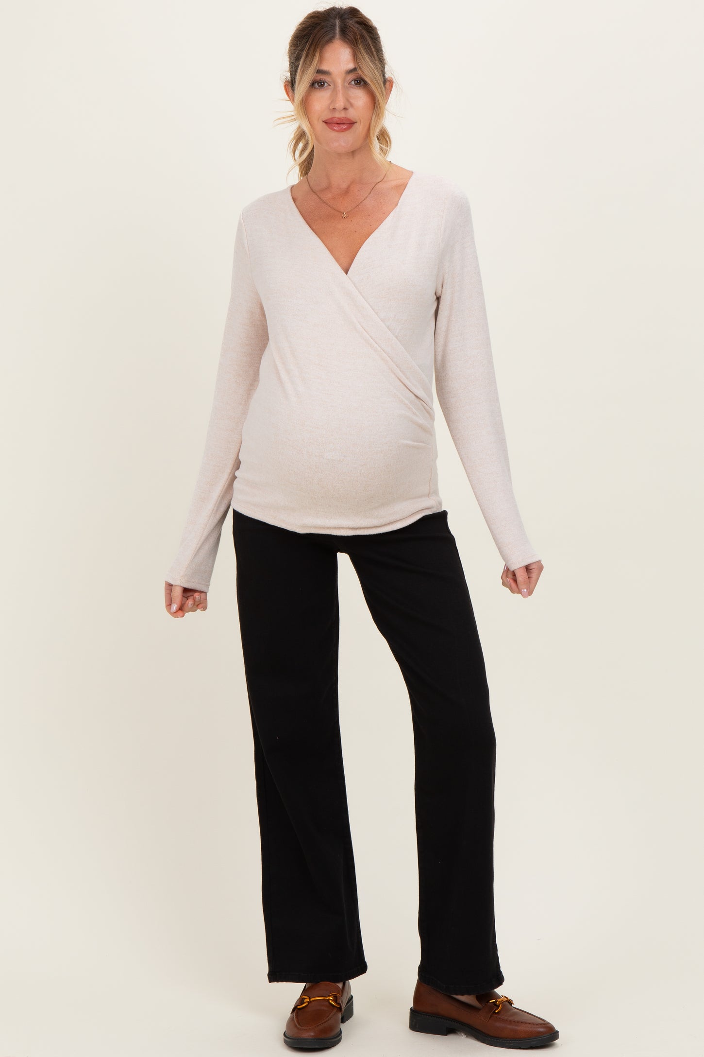 Beige Brushed Knit Wrap Front Maternity Top