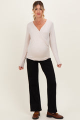 Beige Brushed Knit Wrap Front Maternity Top
