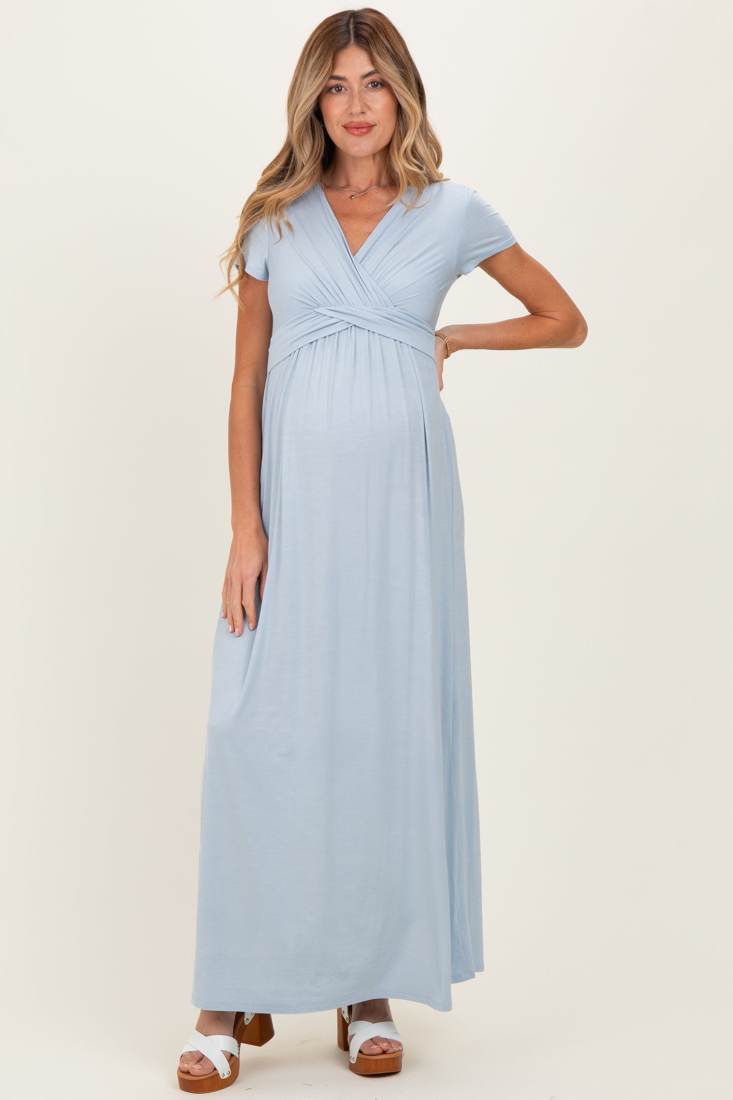 PinkBlush Light Blue Draped Maternity/Nursing Maxi Dress
