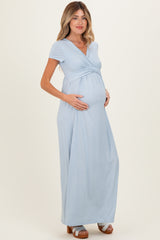 PinkBlush Light Blue Draped Maternity/Nursing Maxi Dress