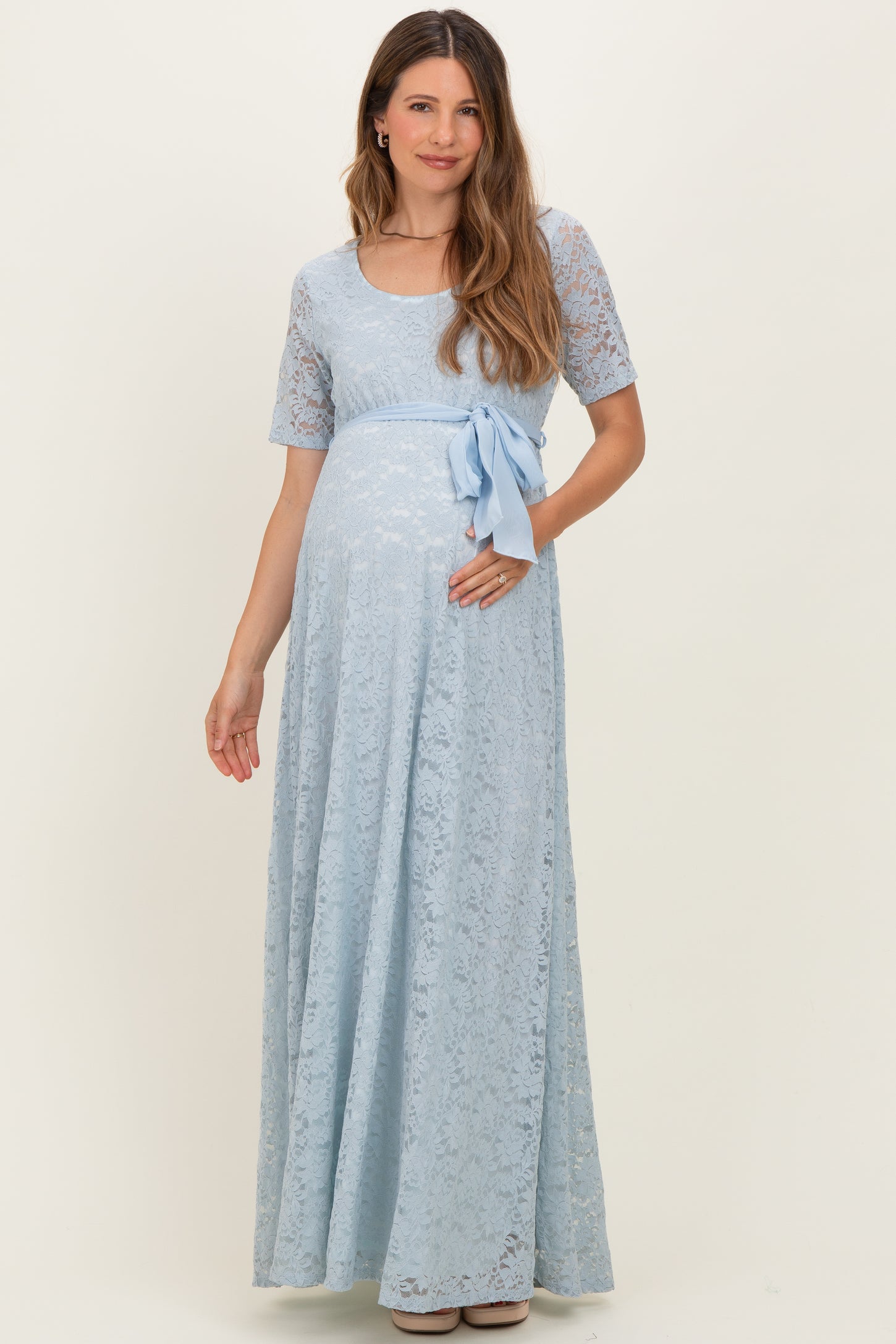 Light Blue Lace Sash Tie Maternity Gown