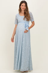 Light Blue Lace Sash Tie Maternity Gown