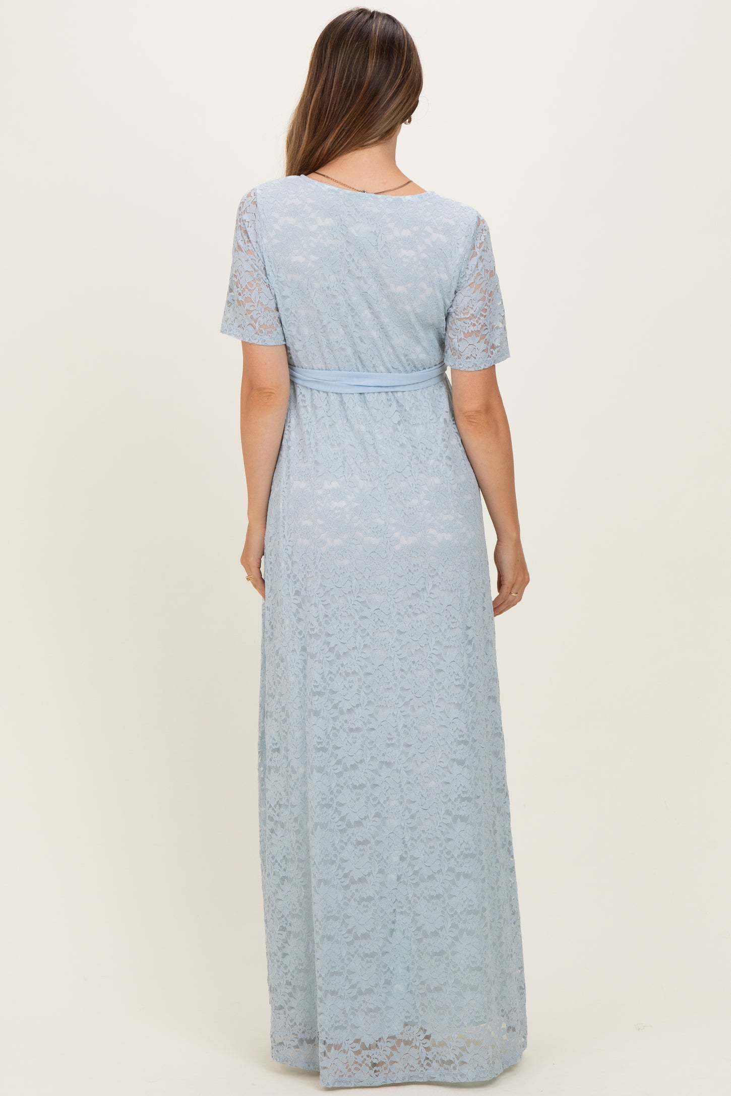Light Blue Lace Sash Tie Maternity Gown