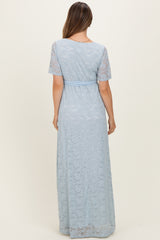 Light Blue Lace Sash Tie Maternity Gown