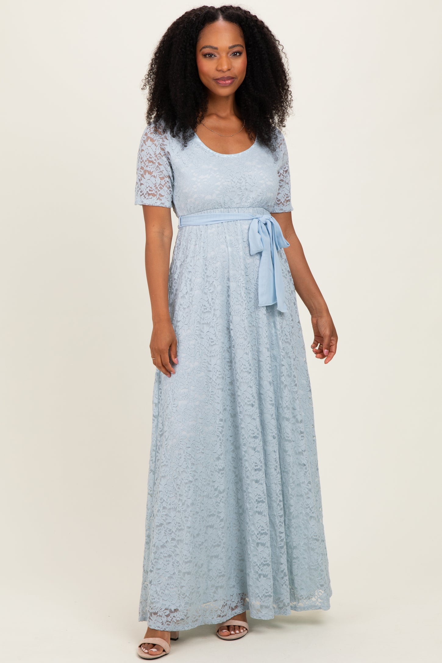 Light Blue Lace Sash Tie Maternity Gown