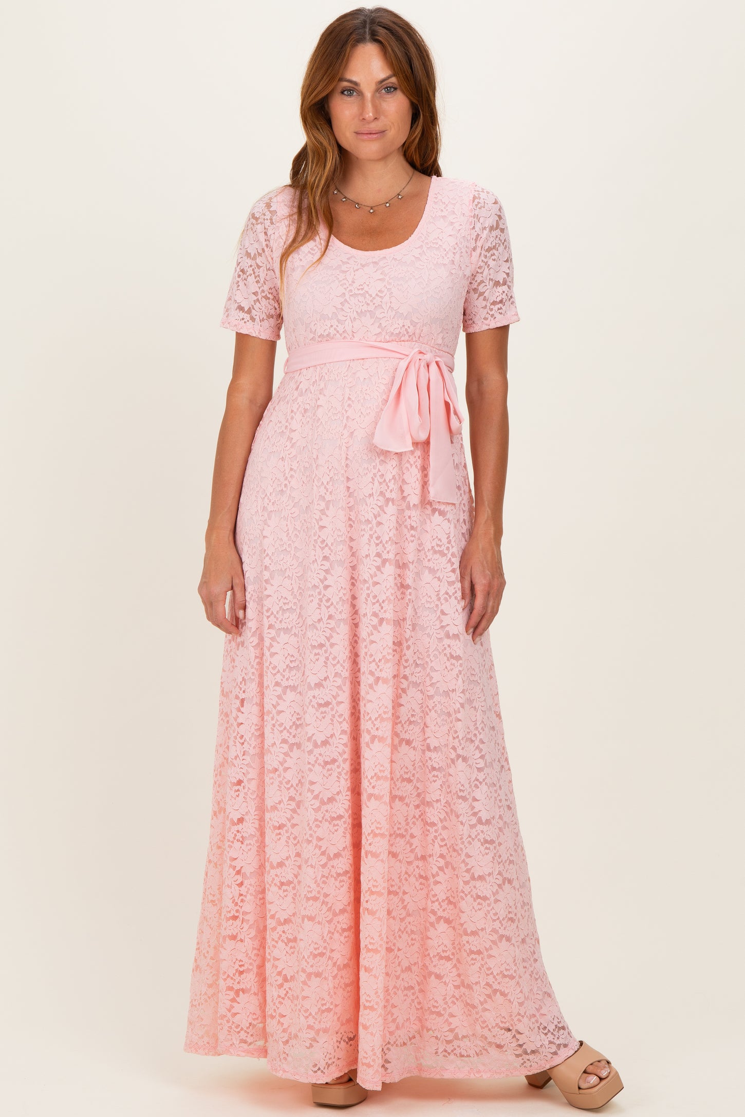 Light Pink Lace Sash Tie Gown
