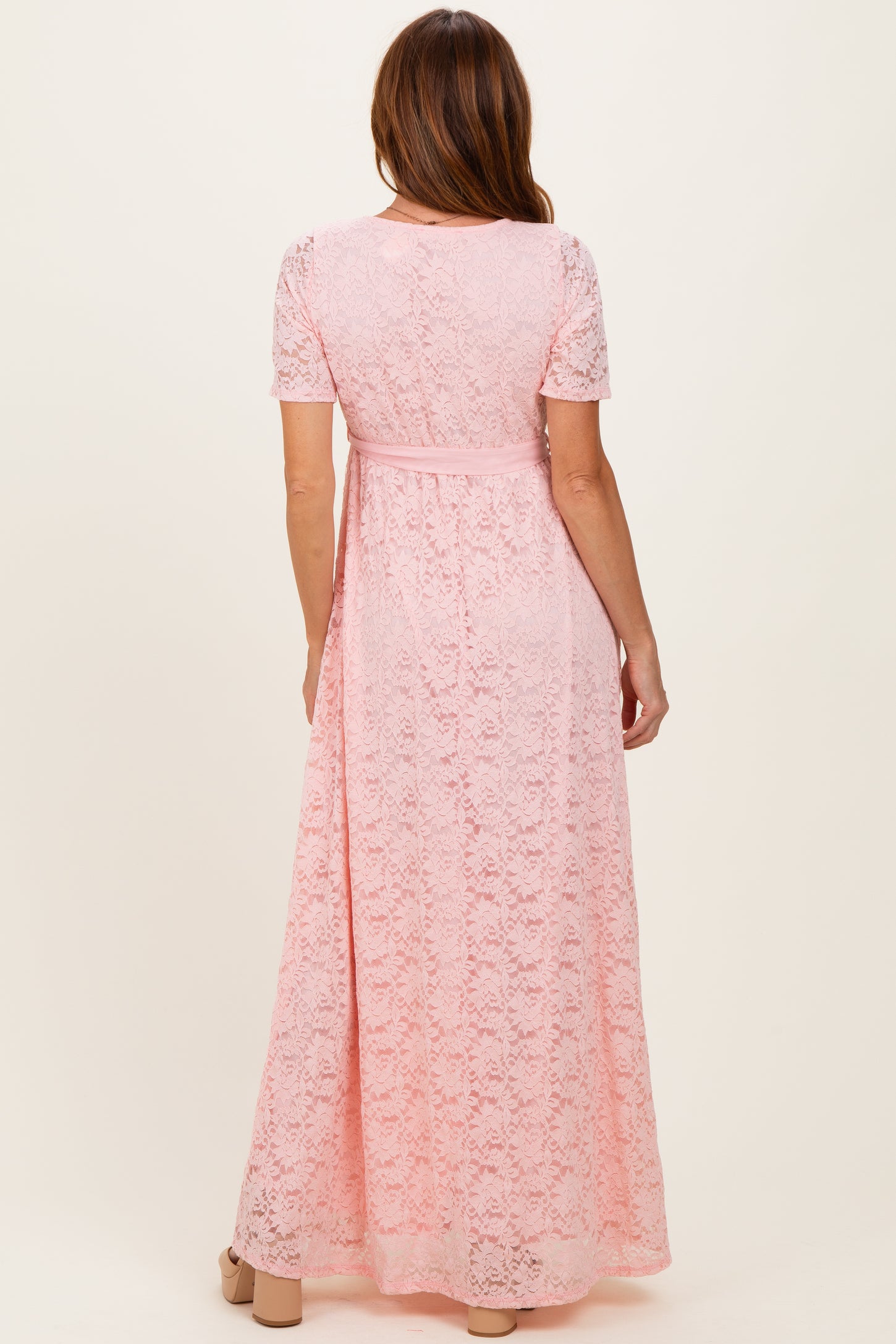 Light Pink Lace Sash Tie Gown