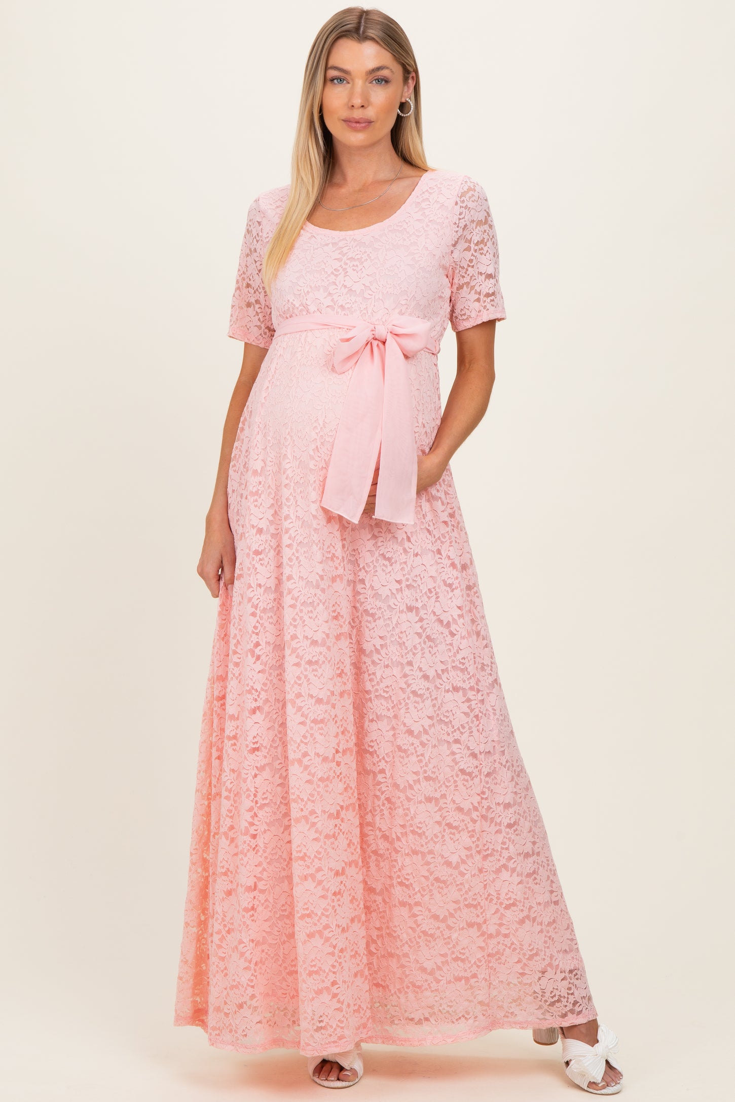 Light Pink Lace Sash Tie Maternity Gown