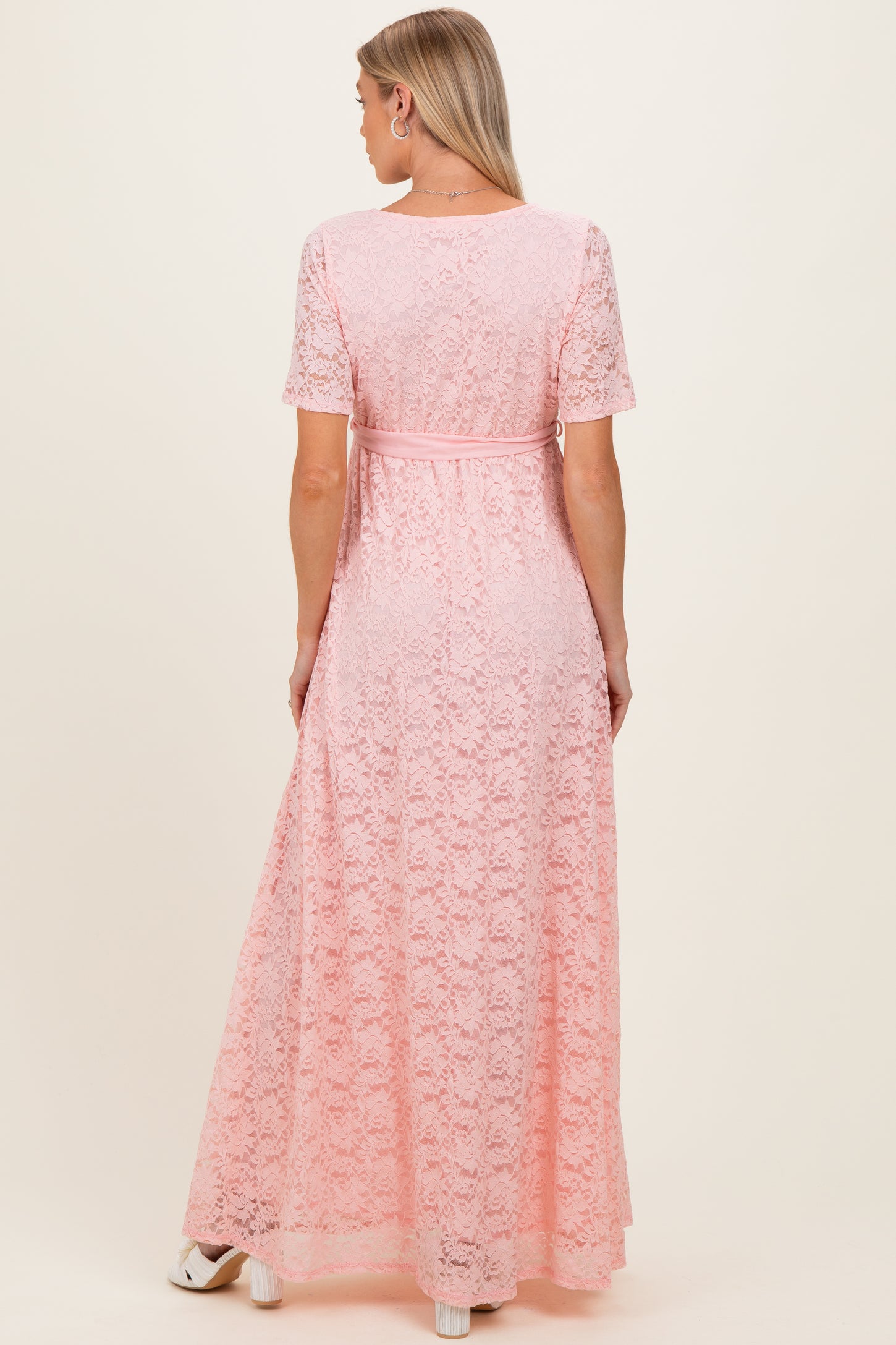 Light Pink Lace Sash Tie Maternity Gown