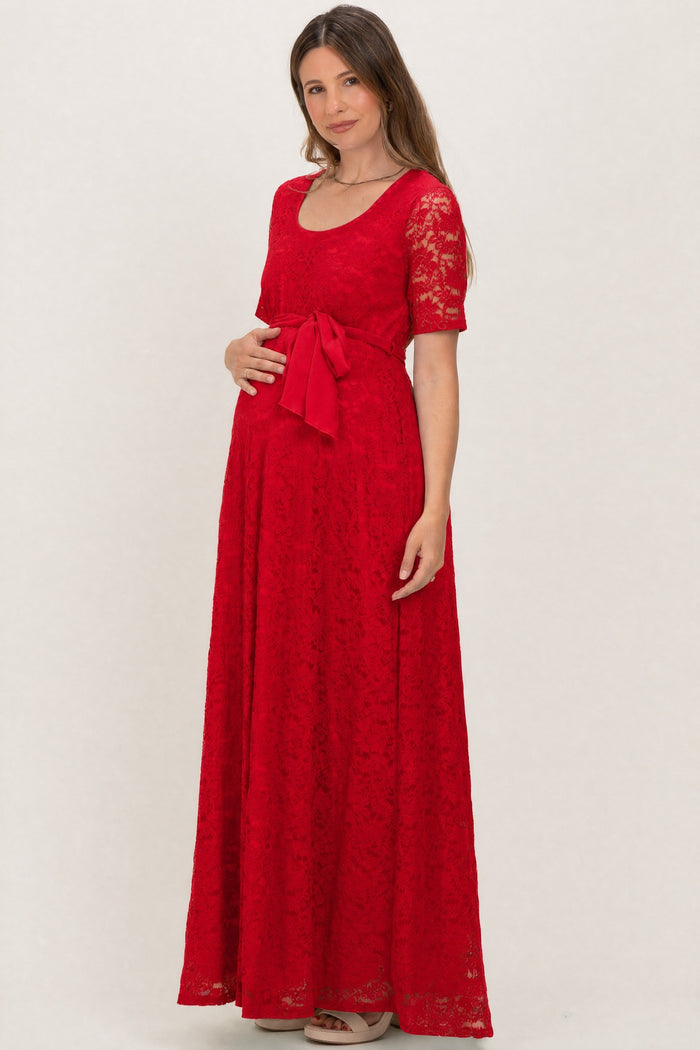 Red Lace Sash Tie Maternity Gown