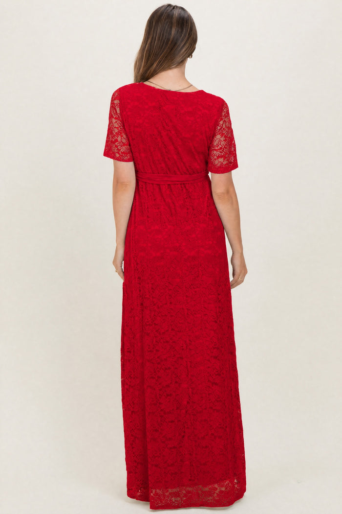 Red Lace Sash Tie Maternity Gown