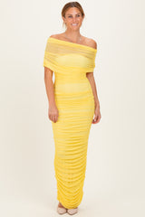 Lemon Ruched Mesh Foldover Off Shoulder Maxi Dress