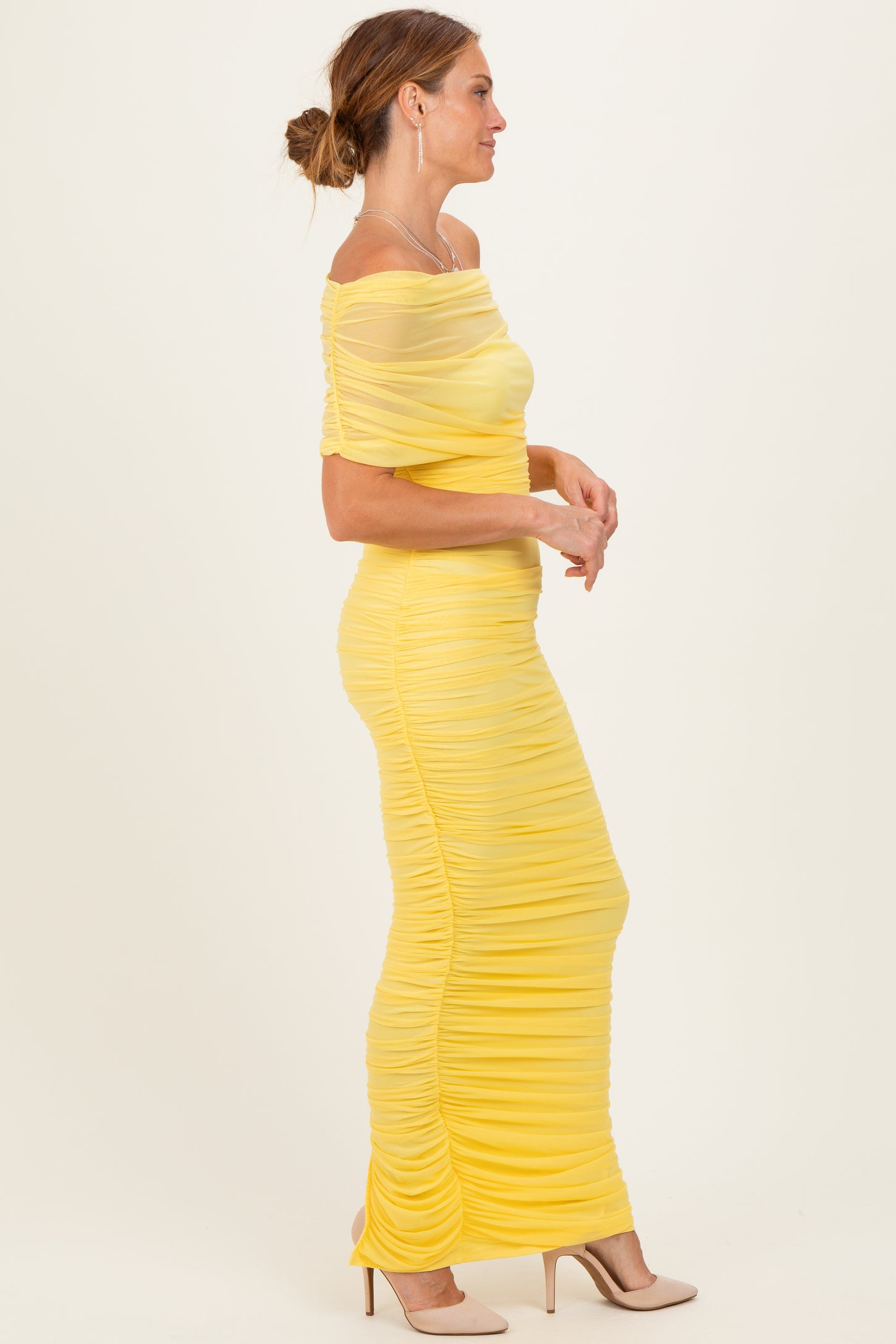 Lemon Ruched Mesh Foldover Off Shoulder Maxi Dress