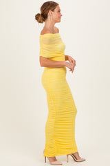 Lemon Ruched Mesh Foldover Off Shoulder Maxi Dress