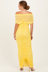 Lemon Ruched Mesh Foldover Off Shoulder Maxi Dress
