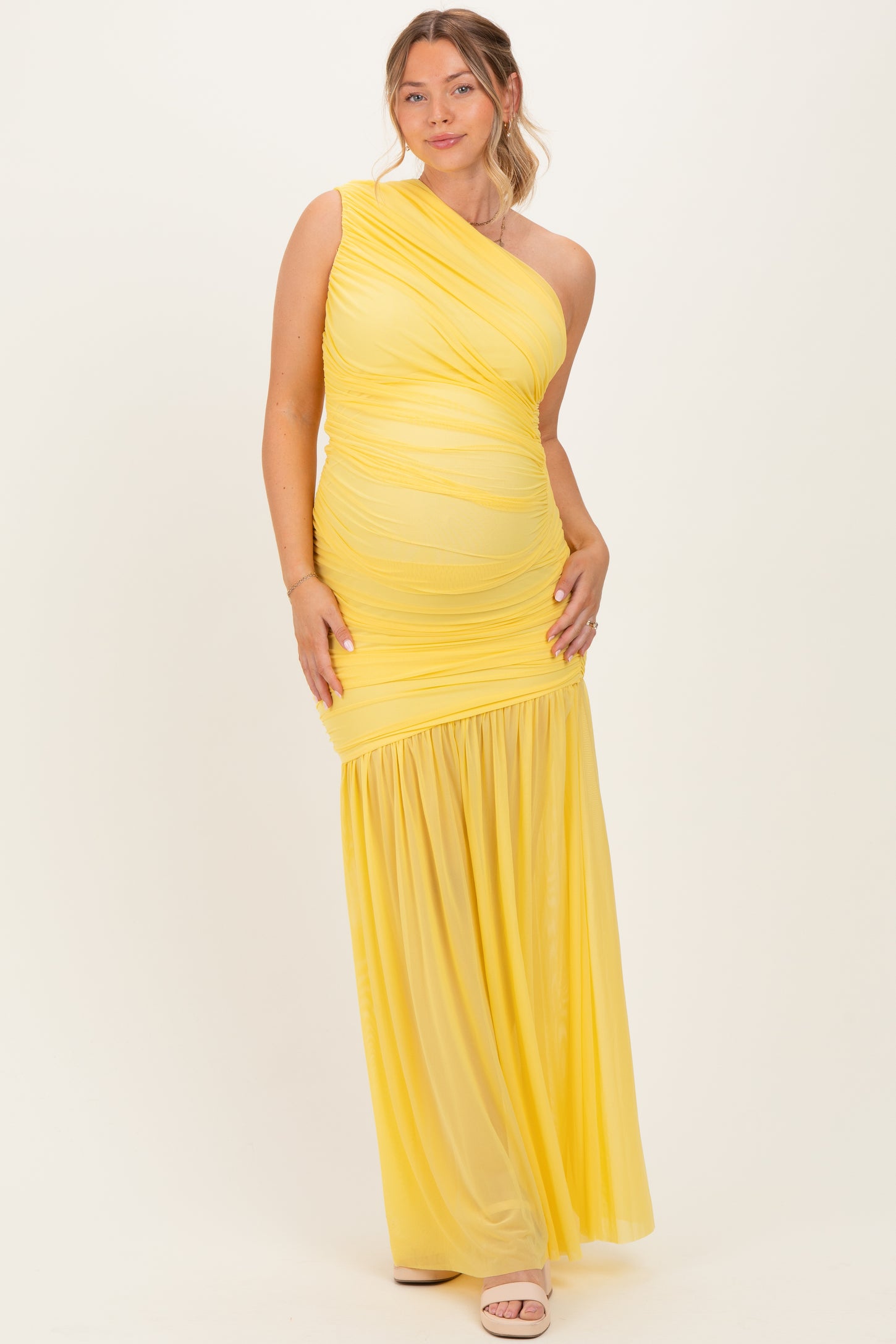 Lemon Ruched Mesh One Shoulder Maternity Maxi Dress