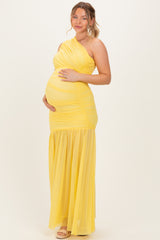 Lemon Ruched Mesh One Shoulder Maternity Maxi Dress