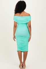 Mint Ruched Mesh Off Shoulder Midi Dress