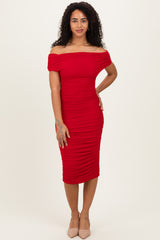 Red Ruched Mesh Off Shoulder Maternity Midi Dress