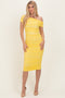 Lemon Ruched Mesh Off Shoulder Midi Dress
