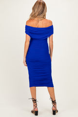 Royal Blue Ruched Mesh Off Shoulder Maternity Midi Dress