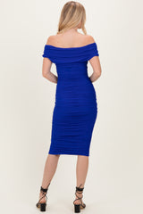 Royal Blue Ruched Mesh Off Shoulder Midi Dress