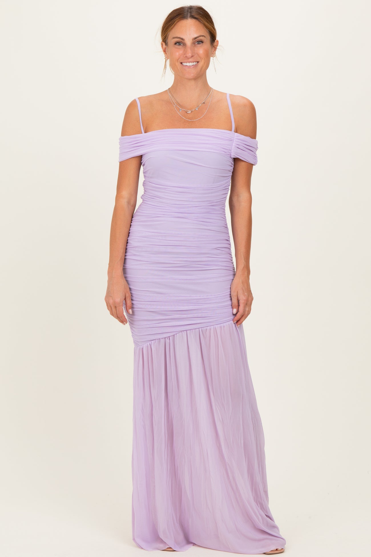 Lavender Ruched Mesh Off Shoulder Maternity Maxi Dress