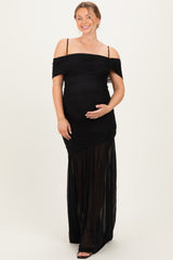 Black Ruched Mesh Off Shoulder Maternity Maxi Dress