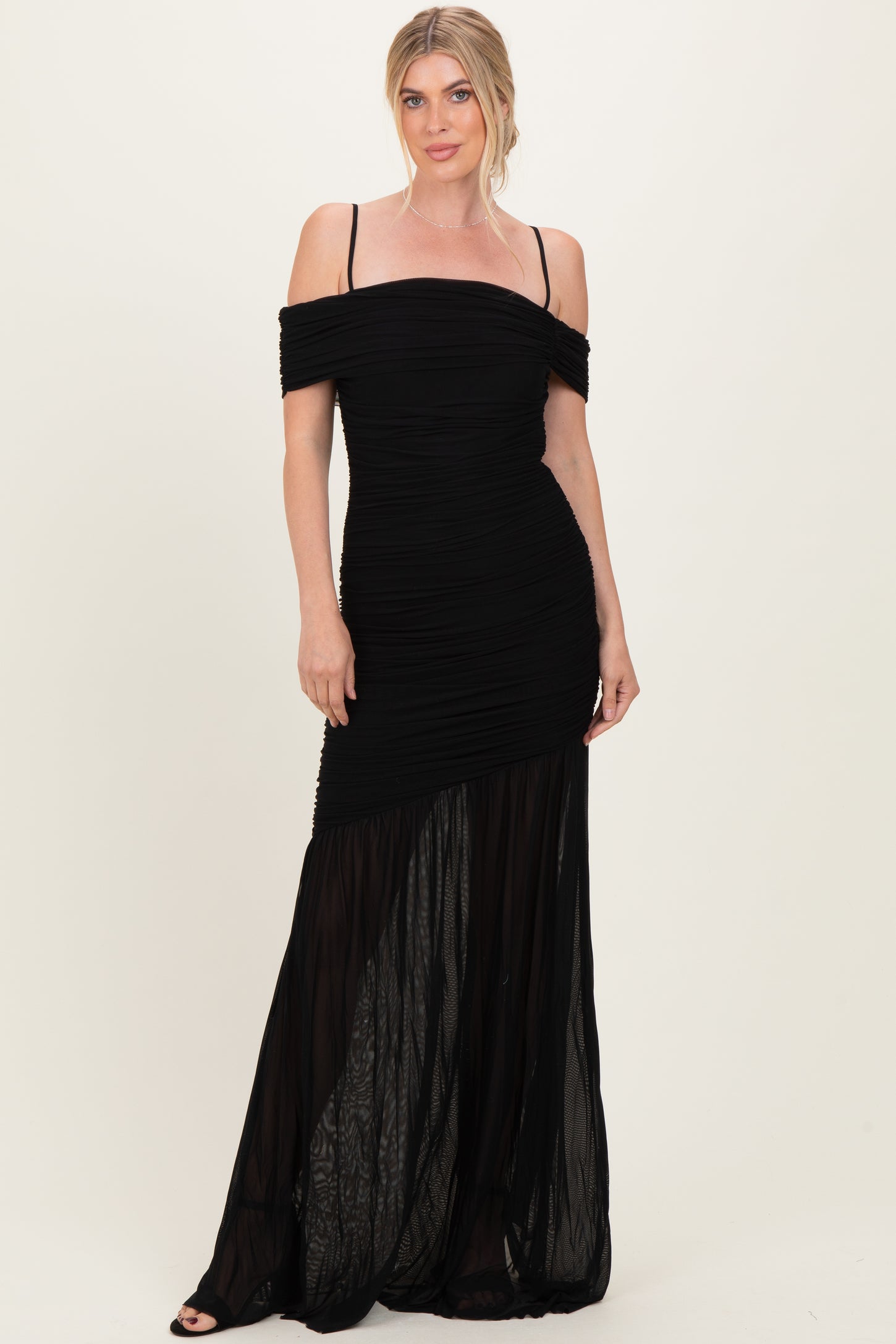 Black Ruched Mesh Off Shoulder Maxi Dress