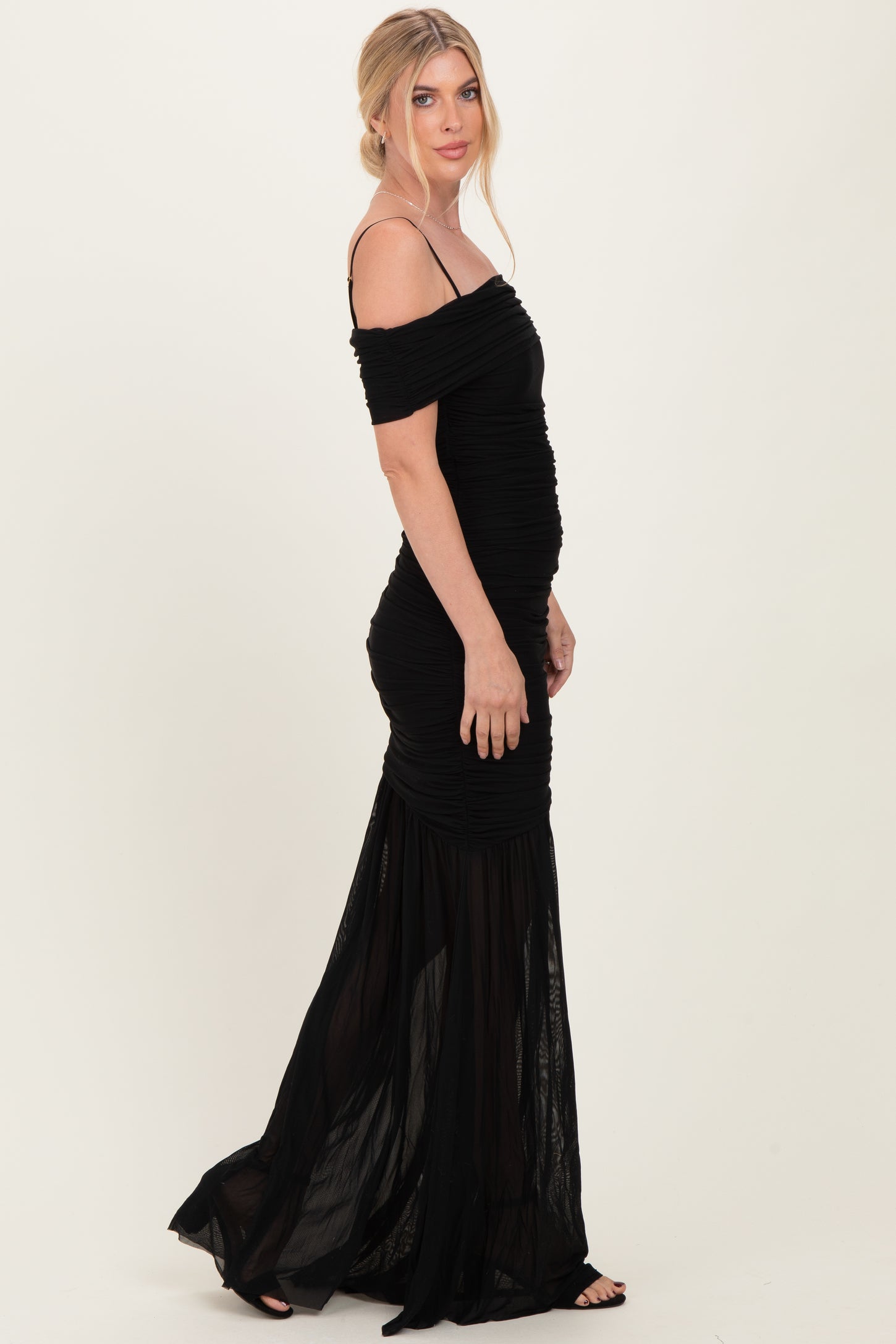 Black Ruched Mesh Off Shoulder Maxi Dress