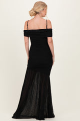 Black Ruched Mesh Off Shoulder Maxi Dress