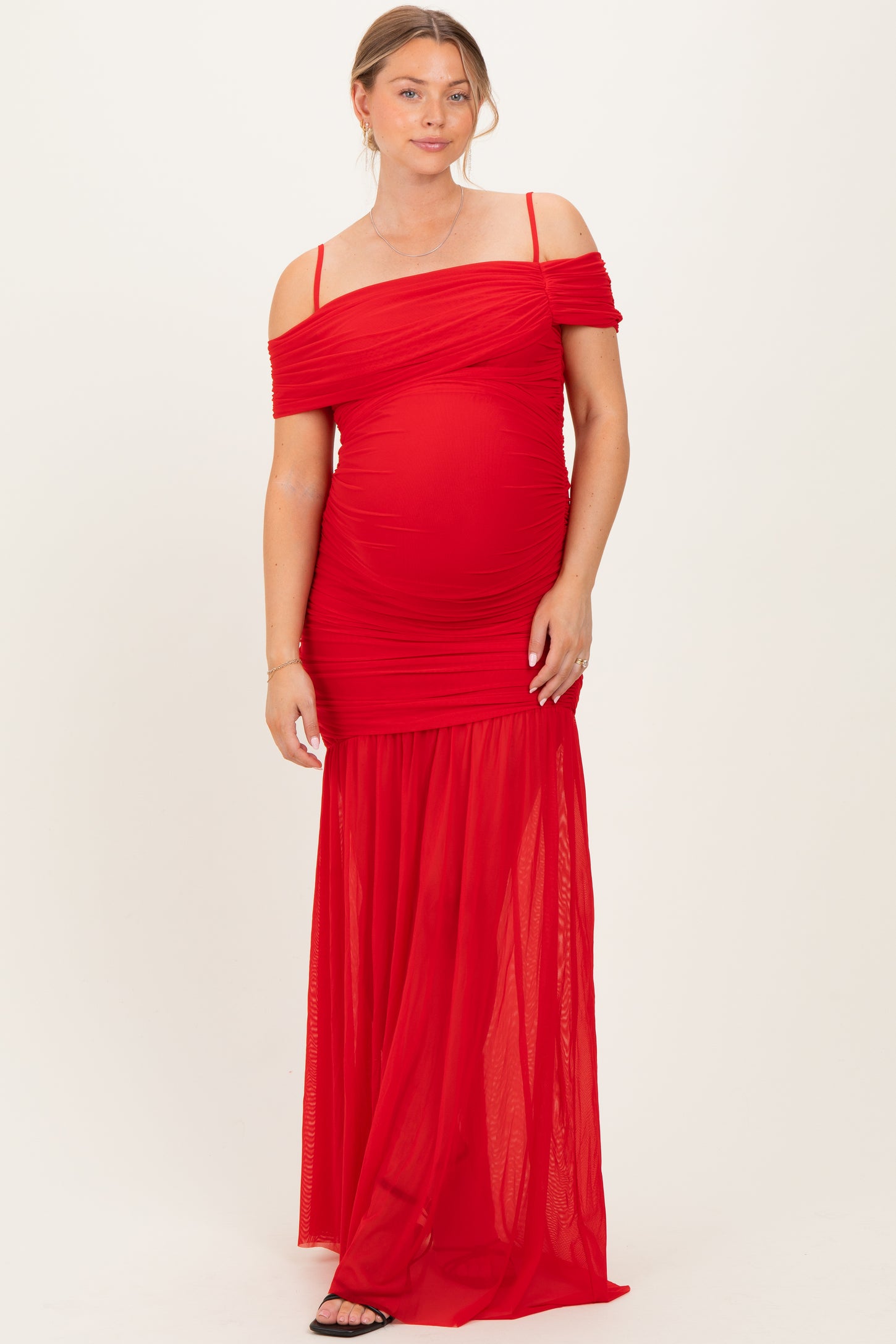 Red Ruched Mesh Off Shoulder Maternity Maxi Dress