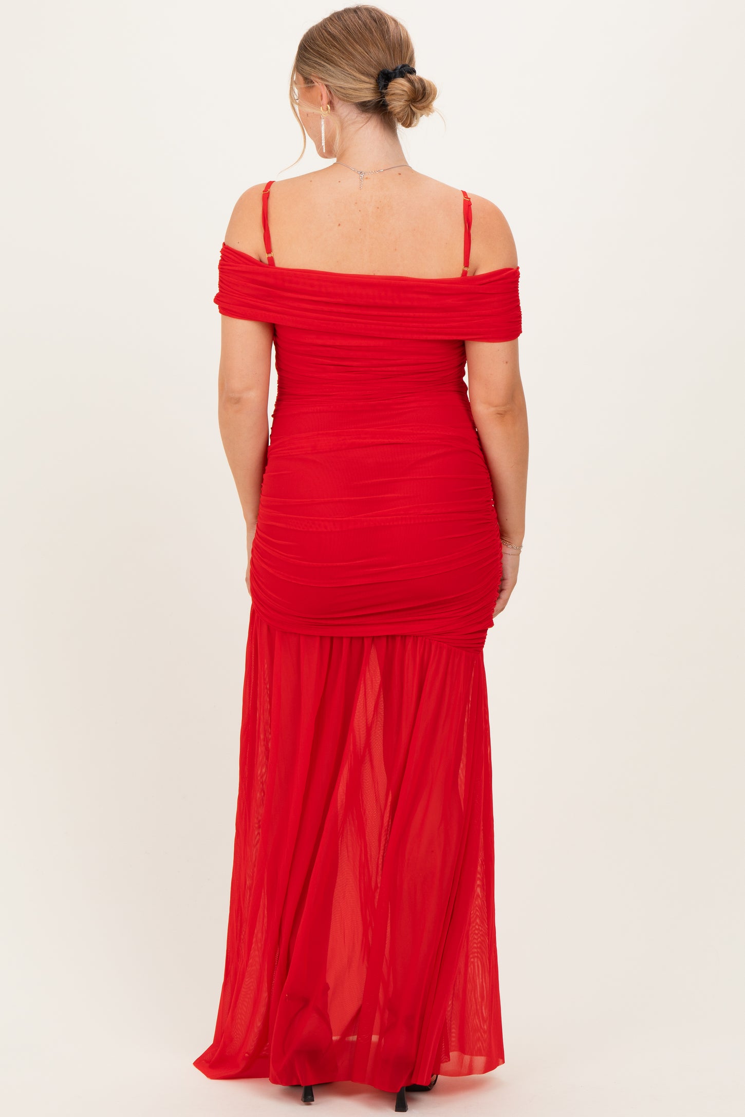 Red Ruched Mesh Off Shoulder Maternity Maxi Dress