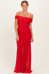 Red Ruched Mesh Off Shoulder Maternity Maxi Dress