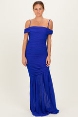 Royal Blue Ruched Mesh Off Shoulder Maternity Maxi Dress