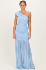 Baby Blue Ruched Mesh One Shoulder Maternity Maxi Dress