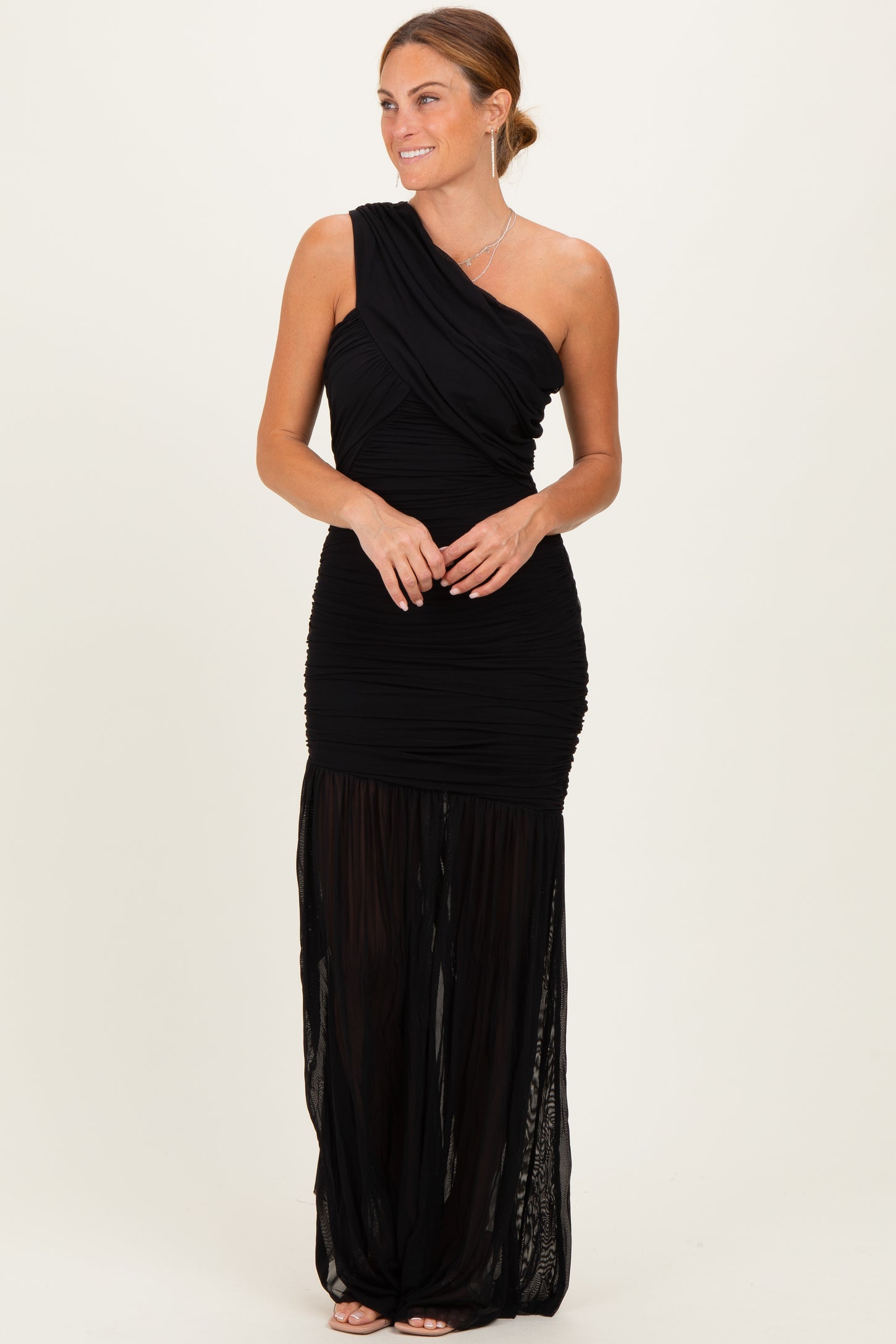 Black Ruched Mesh One Shoulder Maxi Dress