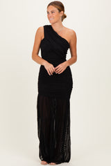 Black Ruched Mesh One Shoulder Maxi Dress