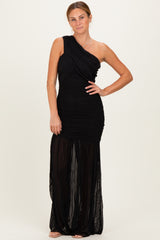 Black Ruched Mesh One Shoulder Maxi Dress