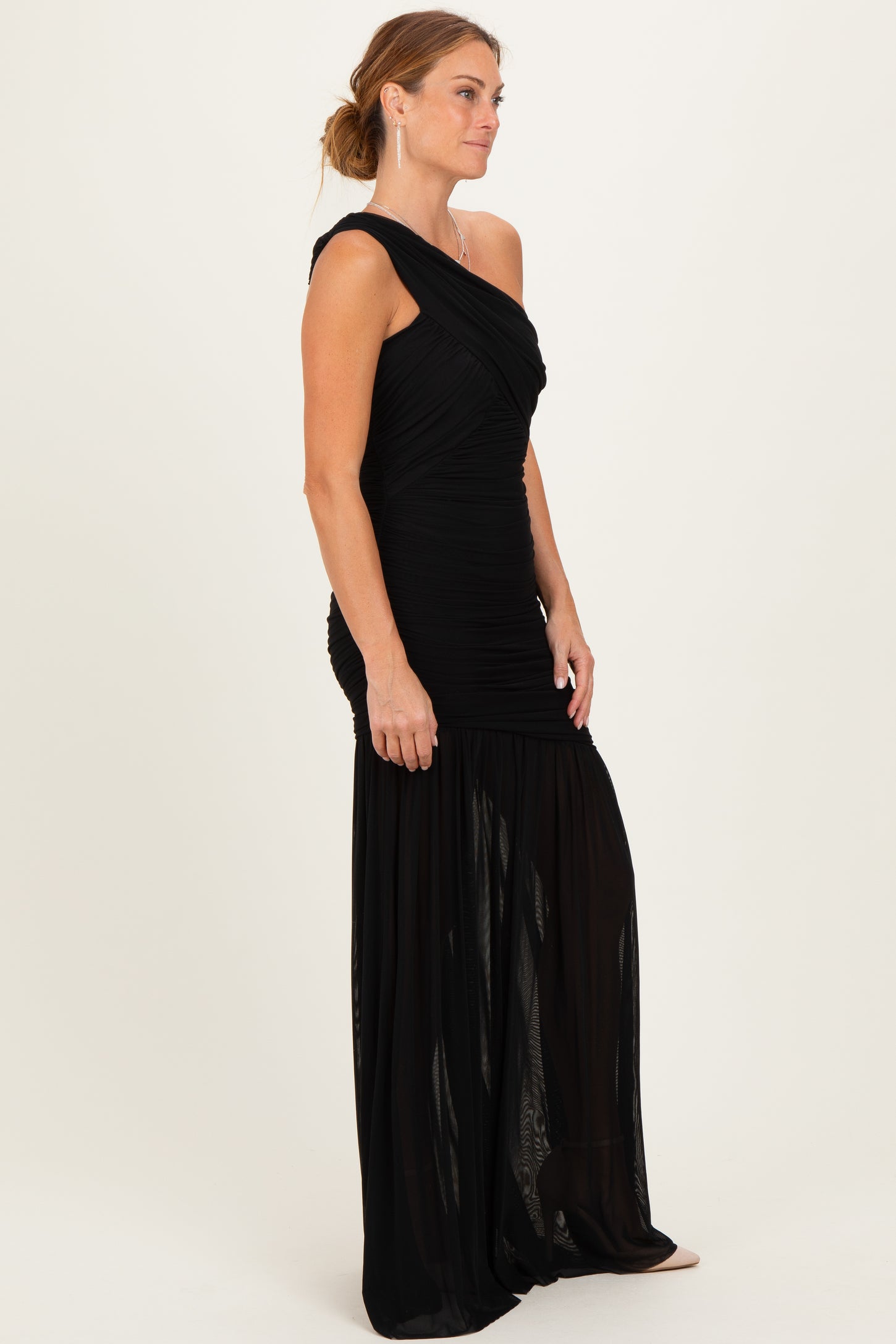 Black Ruched Mesh One Shoulder Maxi Dress